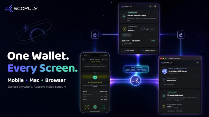 A promotional graphic for Scopuly wallet featuring the tagline 'One Wallet. Every Screen. Mobile • Mac • Browser' alongside screenshots of its secure session, browser, and portfolio interfaces.