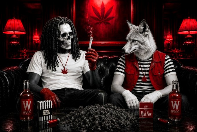 A digital illustration showing a skeleton with dreadlocks smoking a joint next to an anthropomorphic wolf wearing a red vest, with bottles labeled 'W weed' and a 'Red Fox' pack on a table covered in marijuana buds, all in a red-lit room.