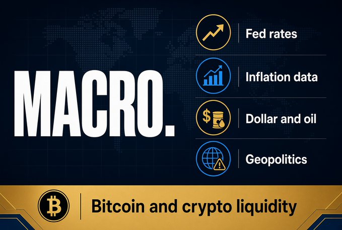 An infographic titled 'MACRO.' highlighting key economic factors: Fed rates, Inflation data, Dollar and oil, Geopolitics, and Bitcoin and crypto liquidity.