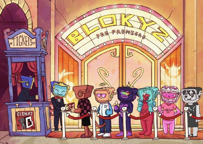 A lineup of NFT-style cartoon characters queues at a theater marked "BLOKYZ PRE-PREMIERE" beside a ticket booth, capturing the excitement of a hyped mint drop that echoes the 2021 NFT craze.
