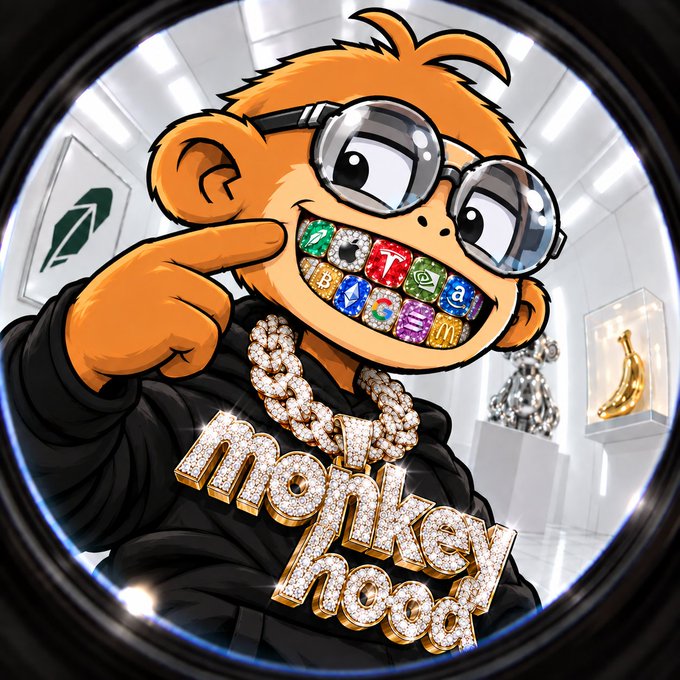 A cartoon orange monkey wearing oversized sunglasses, a diamond necklace, and a black hoodie, with 'Monkey hood' written in diamond-studded letters and colorful gem-encrusted teeth.