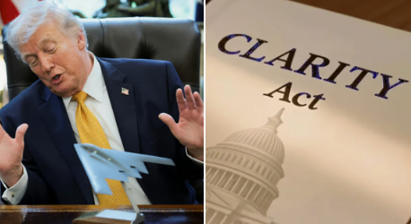 The image shows Donald Trump with a B-2 stealth bomber model on his desk and a document titled "CLARITY Act," suggesting a connection between Trump's involvement in cryptocurrency and this legislative act.