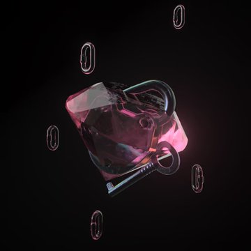 An abstract 3D rendering featuring a translucent, glass-like object with a pink hue and a key, surrounded by floating, paperclip-like shapes against a black background.