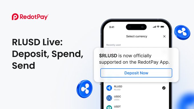 The image shows a cell phone with an app open, displaying information about the Red DotPay app. The app is called "RLUSD Live", which allows users to spend their XRPLRLUSD currency. The text on the screen indicates that the app has been officially launched and is now available for use.