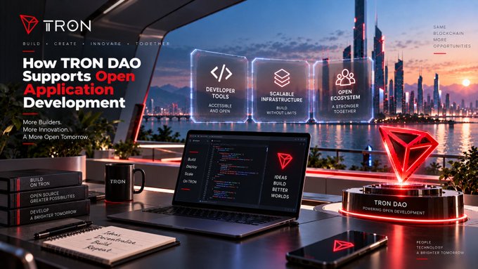 A promotional graphic for TRON DAO titled 'How TRON DAO Supports Open Application Development', featuring sections on Developer Tools, Scalable Infrastructure, and Open Ecosystem, displayed over a futuristic cityscape with a laptop showing code.
