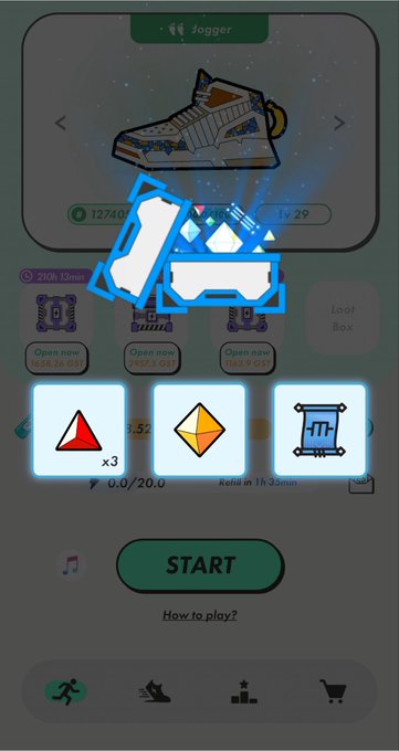 A mobile game or app screen labeled 'Jogger' showing a sneaker NFT, reward items (triangle x3, diamond, scroll), and a green 'START' button at the bottom.