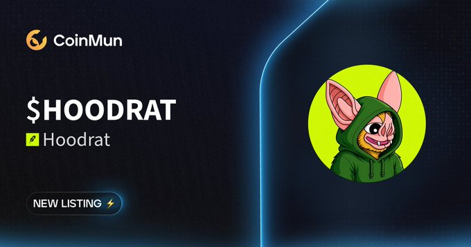 The image is a CoinMun promotional graphic announcing the new listing of $HOODRAT (Hoodrat), featuring the platform's logo, the ticker symbol, a "NEW LISTING" badge, and a cartoon mascot of a hooded rat character on a neon green background.