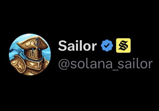 A black-background social profile graphic featuring a round armored sailor illustration and the name “Sailor” with a blue verification checkmark and yellow Solana-style logo. The handle “@solana_sailor” appears below.