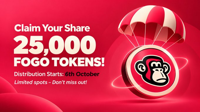 A red promotional banner reads 'Claim Your Share 25,000 FOGO TOKENS! Distribution Starts: 6th October' alongside an illustration of a Fogo token parachuting down.