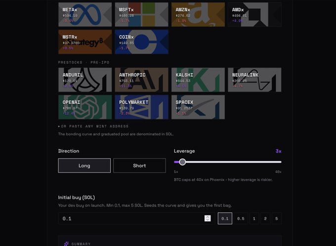 A dark-themed cryptocurrency trading interface showing tickers like META, WSFT, AMZN, AMD, WSTR, COIN, AMDURL, ANTHROPIC, KALSHI, NEURALINK, OPENAI, POLYMARKET, and SPACEX with a leverage slider set to 3x and 'Long' direction selected.