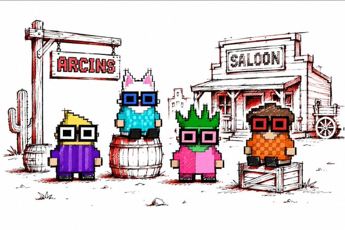 A pixel art illustration shows four blocky characters in sunglasses in front of an 'ARCINS' sign and a 'SALOON' building in a desert setting.