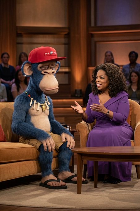 Surreal scene depicting a blue furry monkey-like character wearing a red 'BAYC' cap, bone necklace, and khaki shorts sitting on a talk show couch across from a woman resembling Oprah Winfrey in a purple dress.