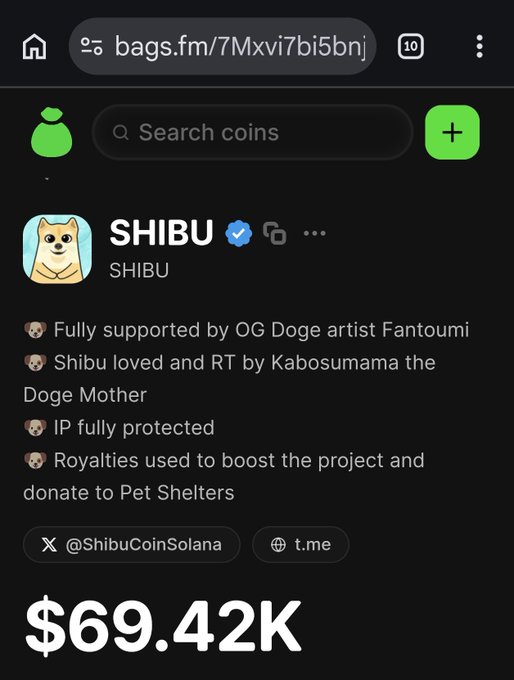 This screenshot shows the SHIBU token page on Bags.fm, with "$69.42K" displayed, likely representing its market cap or value. The token's description mentions support from OG Doge artist Fantoumi and Kabosumama, and that royalties are used for project boosts and pet shelter donations.