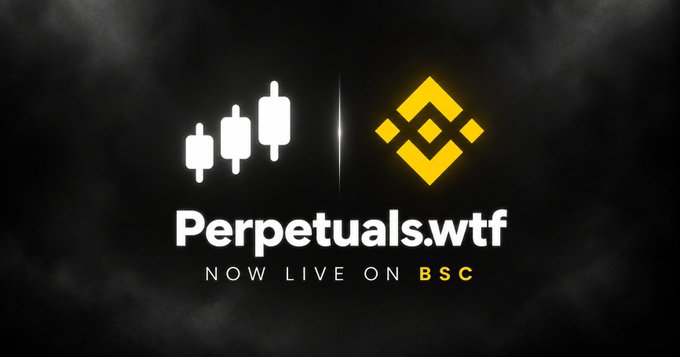 A promotional graphic on a dark smoky background displaying white candlestick icons and a yellow Binance logo with the text 'Perpetuals.wtf NOW LIVE ON BSC'.