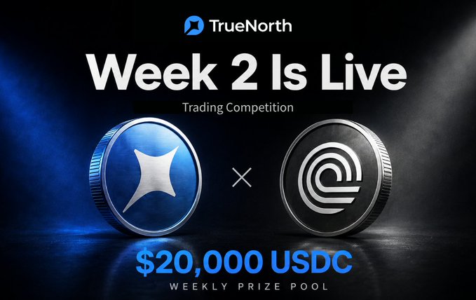 The image promotes Week 2 of TrueNorth's Trading Competition with a $20,000 USDC weekly prize pool, featuring stylized coins representing Ondo and TrueNorth logos against a dark blue background. The bold "Week 2 Is Live" headline and prize amount visually reinforce the post's announcement that another $20K trading competition is underway for Ondo Perps users.