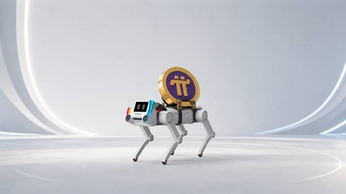 A 3D render of a white robotic dog with a digital display face carrying a large gold 'π' (Pi) cryptocurrency coin on its back.