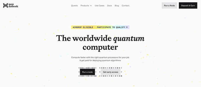 A website homepage for 'Quna Network' displaying 'The worldwide quantum computer' with a button to 'Run a node'.