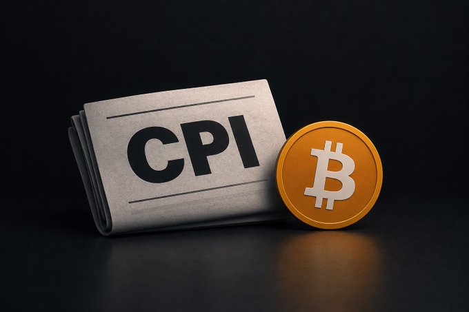 A newspaper folded to show 'CPI' headlines sits next to a gold Bitcoin coin against a dark background.