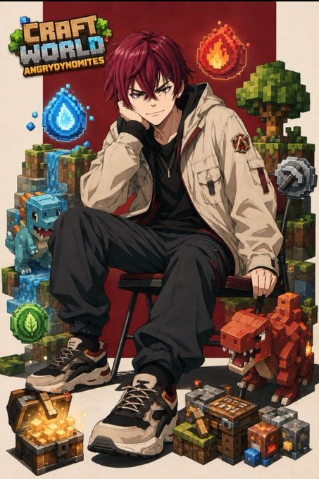 An anime-style illustration of a red-haired boy sitting on a chair surrounded by Minecraft elements, with the text "CRAFT WORLD ANGRYDYNAMITES" in the upper left corner.