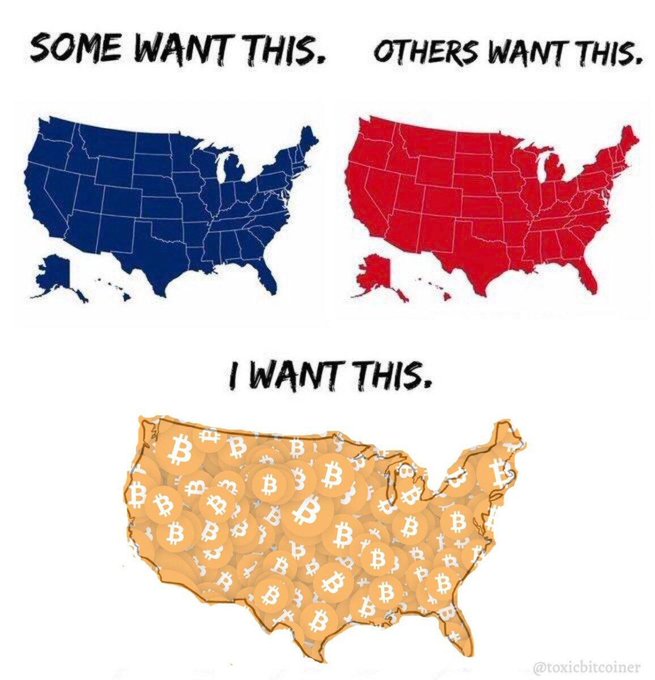 A political meme showing three US maps: a blue one labeled "SOME WANT THIS," a red one labeled "OTHERS WANT THIS," and a gold Bitcoin-themed map labeled "I WANT THIS," with the watermark "@toxicbitcoiner" in the corner.