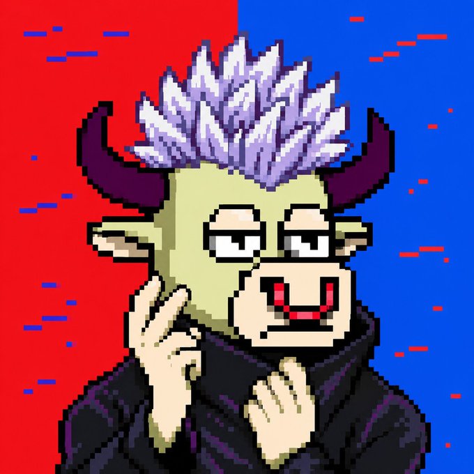A pixel art illustration of a humanoid bull-like character with purple spiky hair, dark horns, and a nose ring, wearing a dark hoodie against a split red and blue background. The character appears to be giving a thumbs-up gesture.