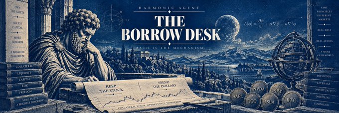 A classical engraving of a bearded scholar studying financial charts labeled "KEEP THE STOCK" and "SPEND THE DOLLAR," set against a moonlit landscape with an armillary sphere and stacks of books titled with market concepts like "L/C RATIOS," "ACCESS CAPITAL," and "COLLATERAL," topped with the title "HARMONIC AGENT: THE BORROW DESK — MATH IS THE MECHANISM," visually framing the post's theme of choosing borrowing over selling stock to access dollars.