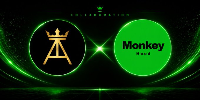 A collaboration graphic with green neon styling showing two circular logos: a gold crown and 'A' monogram on the left, and 'Monkey Hood' in black text on a green background on the right.