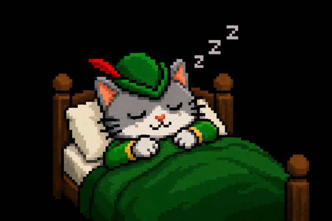 A pixel art image of a sleeping gray cat wearing a green Robin Hood-style hat with a red feather, tucked into a bed with a green blanket, with "zzz" floating above. The image relates to the post by featuring the "ROBINCAT" mascot sleeping peacefully, visually reinforcing the meme token's narrative tied to Robinhood.