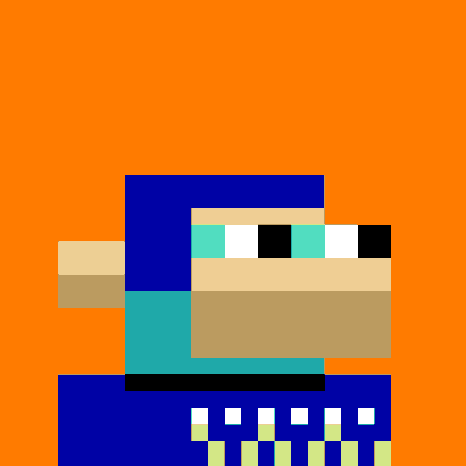 A pixel art character resembling Steve from Minecraft wearing dark blue clothing and teal-accented goggles against an orange background.