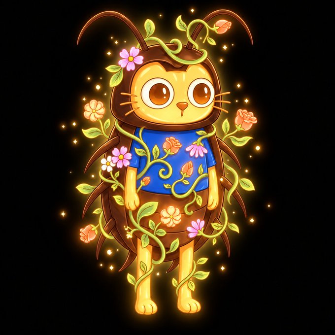 A digital illustration of a cute cat-like character with large eyes, wearing a blue shirt and hood, surrounded by pink and orange flowers and glowing vines on a black background.