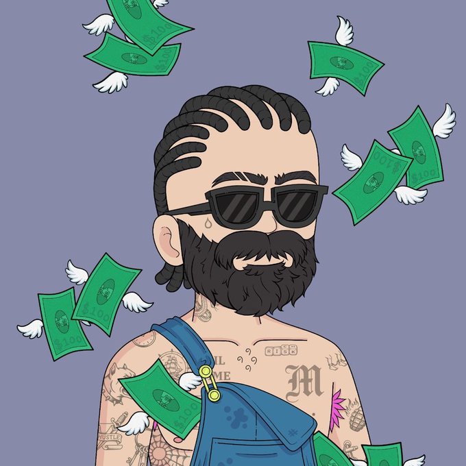 A cartoon Bitcoiner character with sunglasses, braids, and overalls covered in tattoos, surrounded by flying dollar bills with wings.