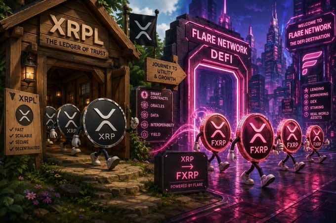 The image features a group of cartoon characters walking around, with each character holding a coin that says "XRP" on them. The coins are arranged in a line, creating an interesting visual effect as they move across the frame. In the background, there is a building and a sign that reads "Flare Network". This suggests that the image might be related to cryptocurrency or blockchain technology, possibly discussing the potential of XRP as a bridge currency for DeFi projects. The post also mentions that @Firelightfi is involved in the development of XRP's earning network, which could mean they are actively working on improving the platform and its features.
