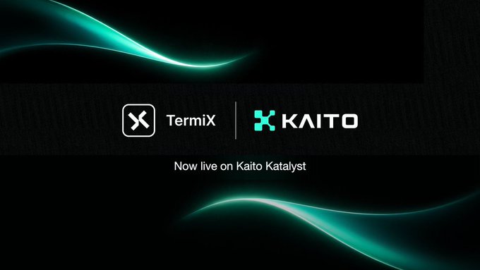 A promotional graphic with teal light waves showing the TermiX and KAITO logos, with the text 'Now live on Kaito Katalyst'.