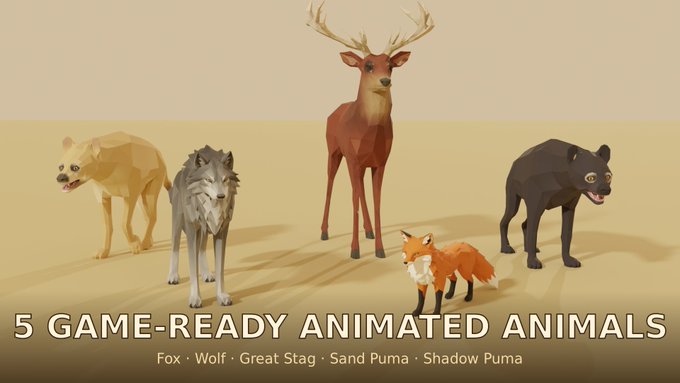 Promotional image for '5 GAME-READY ANIMATED ANIMALS' featuring low-poly 3D models of a Fox, Wolf, Great Stag, Sand Puma, and Shadow Puma.