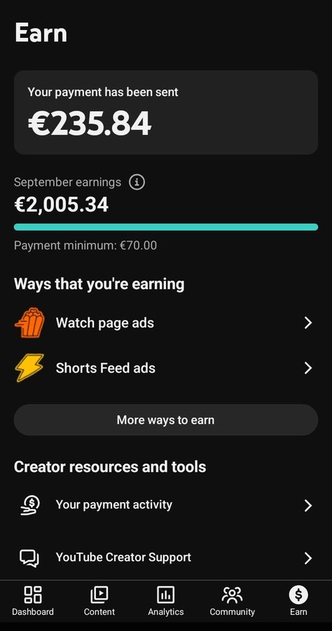 A YouTube 'Earn' tab screenshot showing 'Your payment has been sent €235.84', 'September earnings €2,005.34' with a green progress bar, and earning options like 'Watch page ads' and 'Shorts Feed ads'.