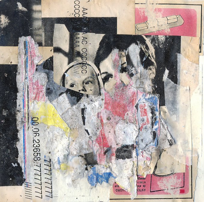 A weathered mixed-media collage features a faded black-and-white photograph of a woman and baby, overlaid with torn paper scraps, smeared paint, and partially visible text including "AC CCCCC," "00.06.23658," and "ANTES," all set against a pink and black background that gives the piece a distressed, vintage aesthetic fitting for a limited-edition Tezos NFT.