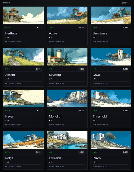 An NFT marketplace listing page showing 50 items of digital artwork featuring architectural illustrations of houses, each titled with names like Heritage, Azure, Sanctuary, Ascent, Skyward, Cove, Haven, Monolith, Threshold, Ridge, Lakeside, and Perch, all priced at 0.03 ETH.