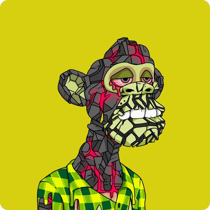 The image features a cartoon monkey with a green shirt, red hair, and a face painted like a human. The monkey appears to have a sad expression as if it has been through some sort of trauma or loss. The background color is yellow, which contrasts with the monkey's appearance. There are no texts present in the image.