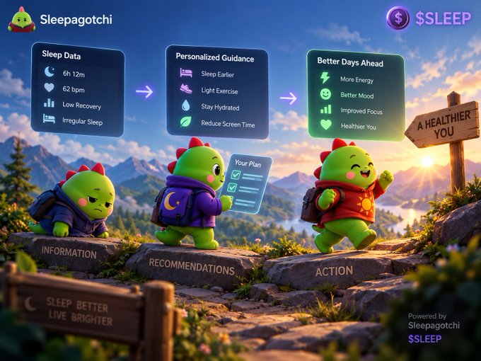 An infographic titled 'Sleepagotchi' illustrates a sleep improvement journey with three stages: Information (Sleep Data showing 6h 12m sleep, 62 bpm), Personalized Guidance, and Action, using green dinosaur characters walking along rocky paths toward 'A HEALTHIER YOU' and a token labeled '$SLEEP'.