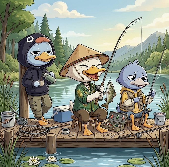 The image features three cartoon ducks standing on a dock with fishing rods in their hands. The ducks are dressed in colorful outfits and appear to be enjoying themselves as they fish for food. The background includes trees, water, and mountains, creating a serene outdoor setting. The caption of the image is related to Bitcoin, suggesting that it might be an advertisement or promotion related to cryptocurrency.