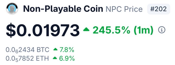 The image displays the Non-Playable Coin ($NPC) price at $0.01973, up 245.5% over 1 month, with values of 0.0002434 BTC and 0.00007852 ETH. The price chart supports the post's bullish claim of $NPC as a major meme coin, illustrating its recent surge that fuels speculation of further gains toward $0.1.