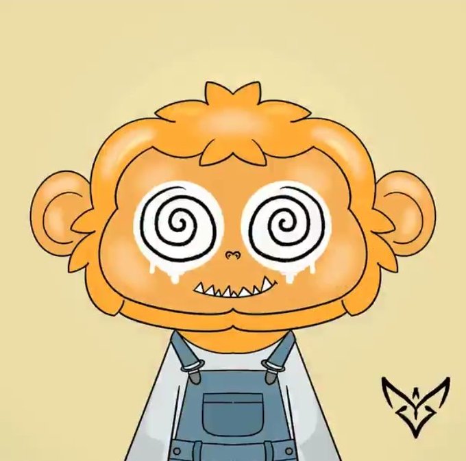 A cartoon orange monkey character with hypnotic spiral eyes, drooling, and a toothy grin, wearing overalls, appears "hypnotized" or overwhelmed by the realization described in the post—capturing the moment of discovering that the Nibblins NFT collection has deep lore with 25 unique clans and species rather than being just another cute collection.