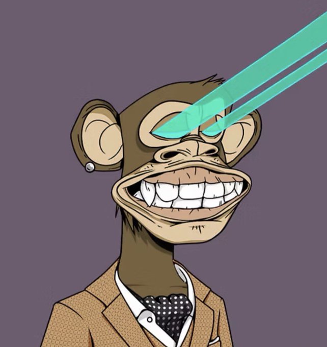 A digital illustration of a brown Bored Ape-style NFT character wearing a suit and bow tie, with glowing turquoise laser beams shooting from its eyes against a gray background.
