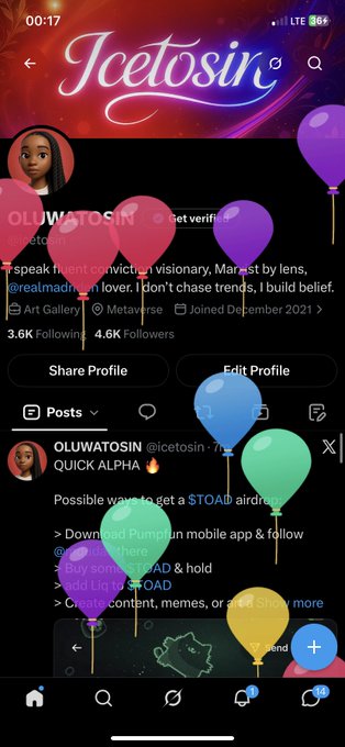 A screenshot of the Icetosin social media profile for user OLUWATOSIN (@icetosin), displaying a post titled 'QUICK ALPHA' that discusses ways to get a $TOAD airdrop, with birthday balloons overlaying the screen.
