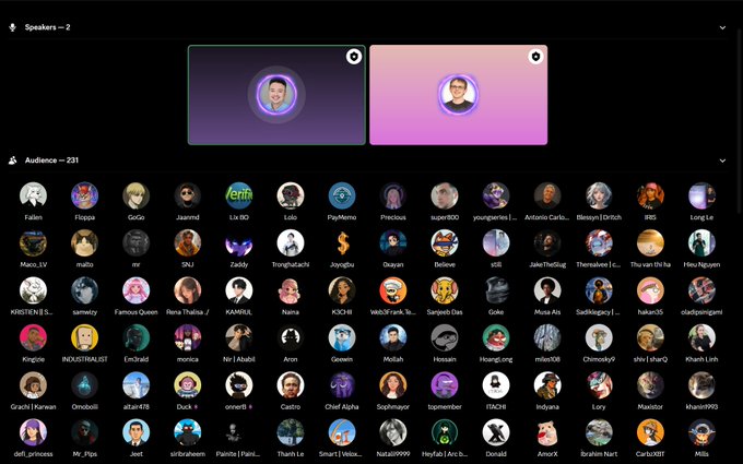 A virtual event interface showing 2 speakers and an audience of 231 attendees displayed as circular profile pictures with usernames.