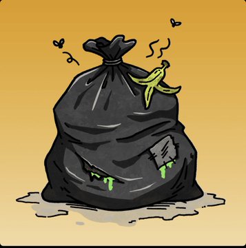 A cartoon image of a tied black garbage bag with flies buzzing around it, oozing green slime, and a banana peel draped over the top. The trashy, neglected imagery humorously emphasizes the post's message that not joining the @MicrosNft community and taking advantage of @NftswithDiz's help is a wasted opportunity, likening missing out on these NFT wins to literal trash.