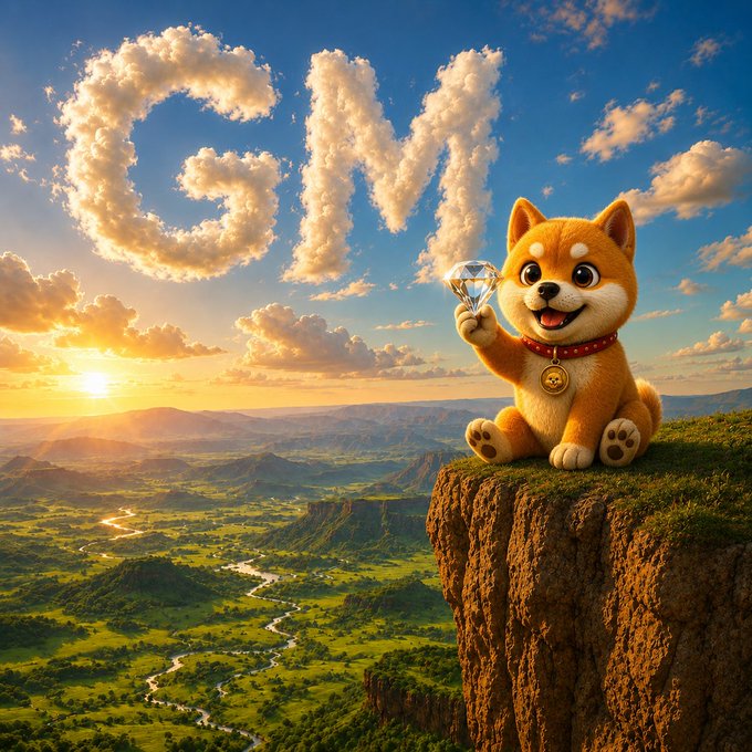 A Shiba Inu dog wearing a red collar with a gold tag sits on a cliff edge holding a diamond, with 'GM' spelled out in clouds over a sunset valley landscape.