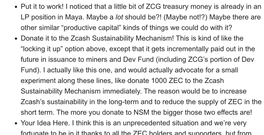 A text excerpt discussing options for ZCG treasury money, suggesting productive capital uses, donating to the Zcash Sustainability Mechanism to reduce ZEC supply, and inviting community ideas, authored by someone associated with Zcash Community Grants.
