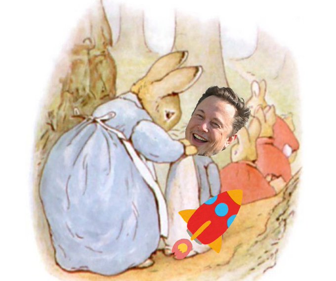 The image depicts Elon Musk's face superimposed onto a Peter Rabbit illustration, accompanied by a rocket emoji. This visually represents the post's question about "SPCX-san" (likely referring to SpaceX) and its frequent launches.