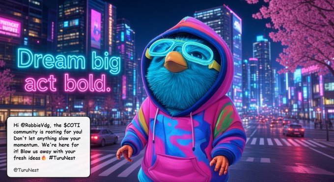 A neon-lit digital artwork features a blue fuzzy bird-like character in a pink and blue tie-dye hoodie and teal goggles, set against a vibrant cyberpunk cityscape with the text 'Dream big act bold.' and a social media post from @RobbieVdg tagging @TuruNest.